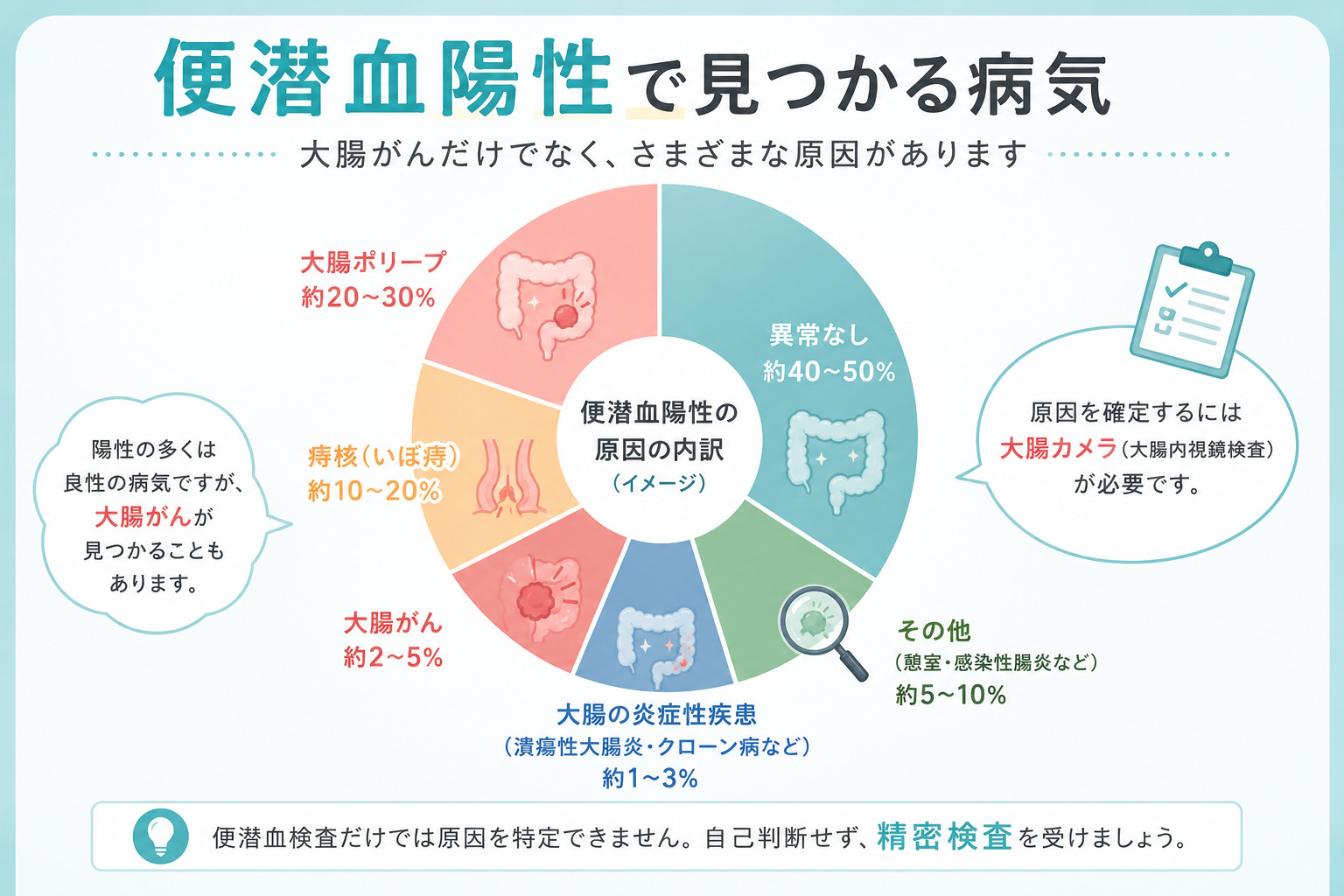 便潜血陽性で見つかる病気の内訳：異常なし約40〜50%、大腸ポリープ約20〜30%、痔核約10〜20%、大腸がん約2〜5%、炎症性腸疾患約1〜3%、その他約5〜10%