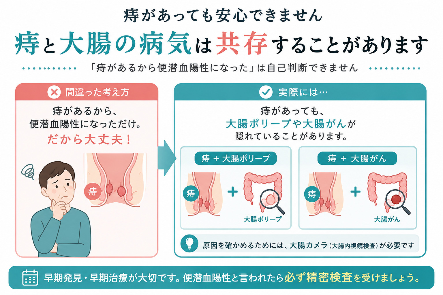痔と大腸ポリープ・大腸がんは同時に存在することがある。痔があるから便潜血陽性になっただけという自己判断はできない。